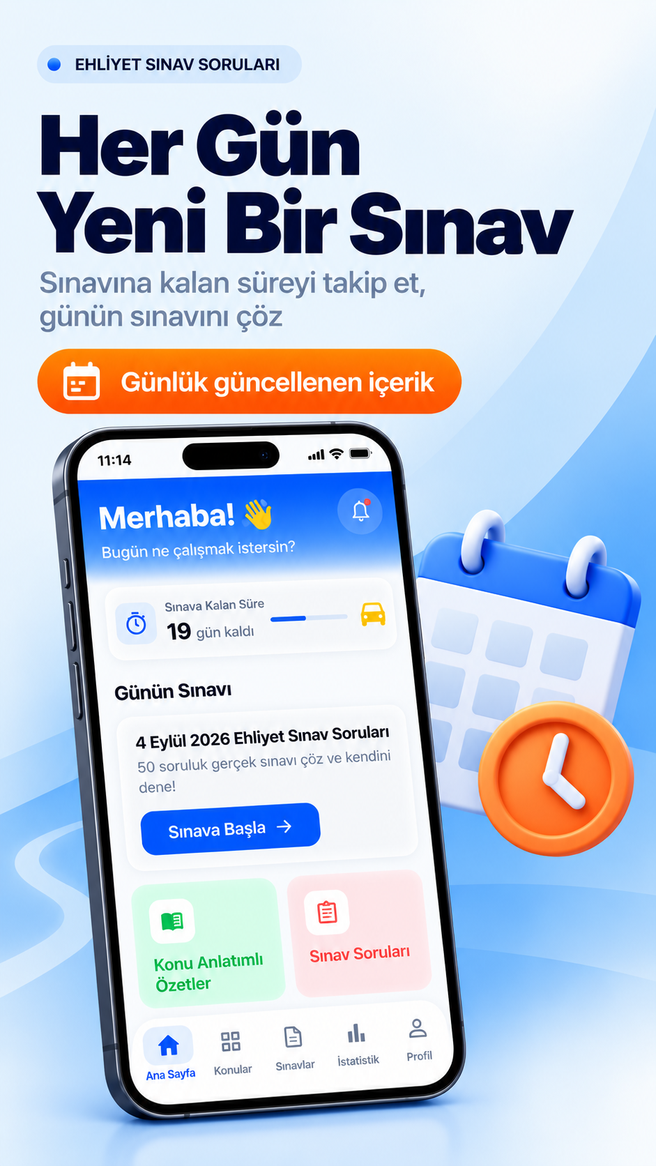 Günün sınavı ve sınava kalan süre ekranı