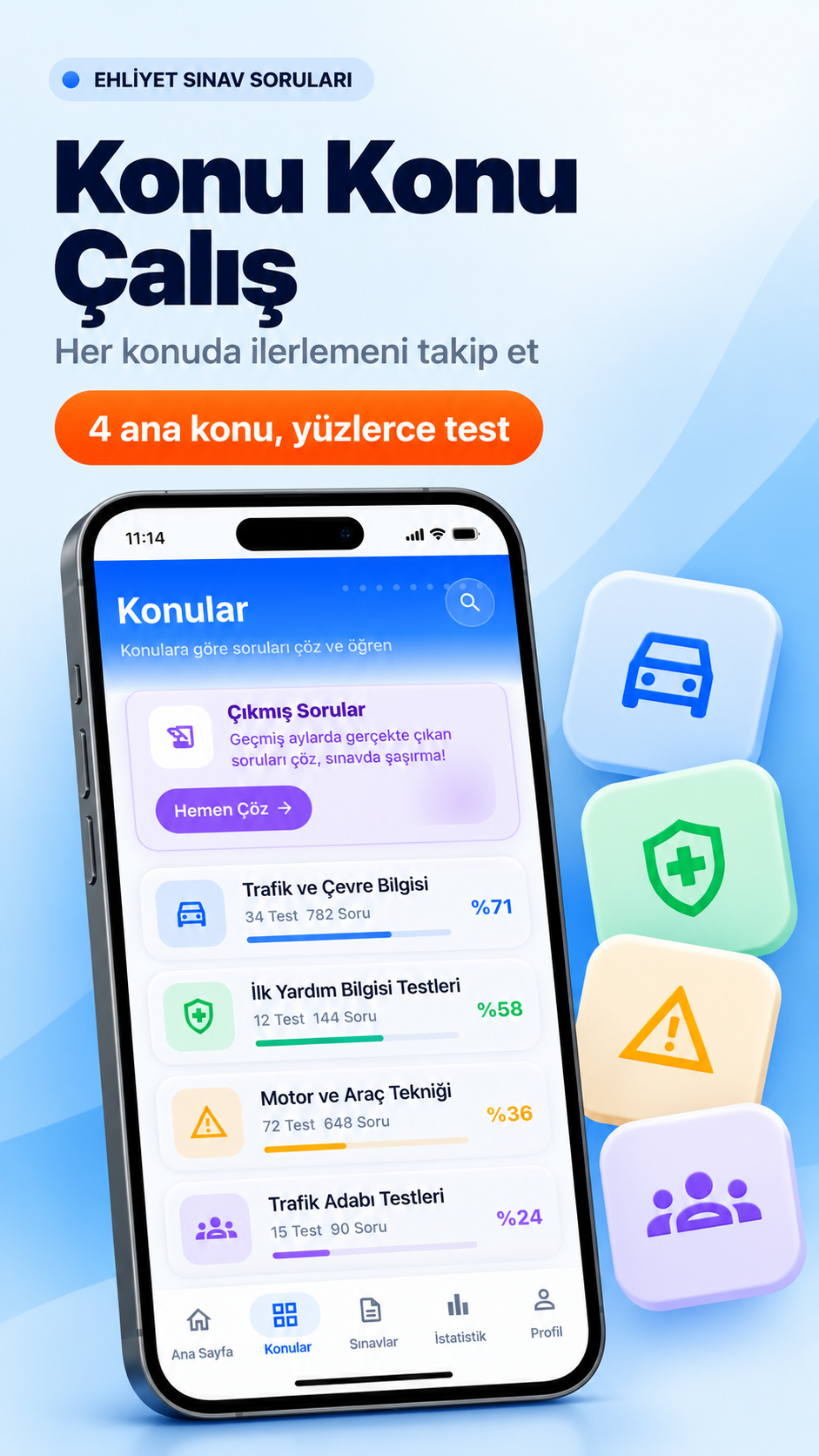 Konular ve çıkmış sorular ekranı