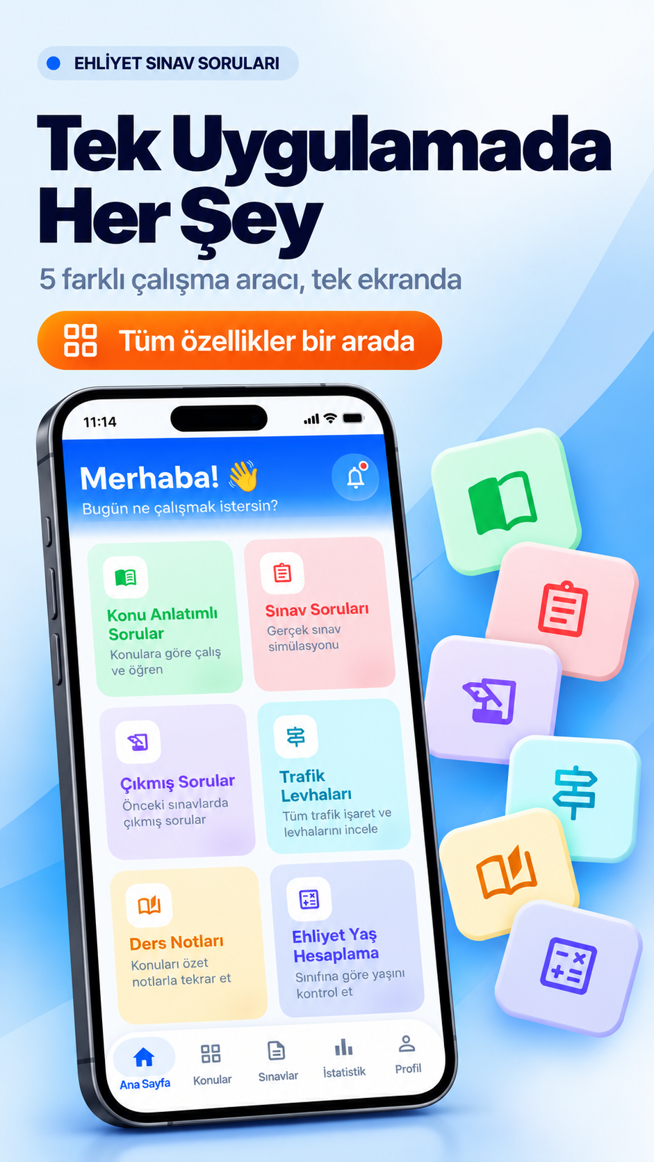 Tüm özellikleri gösteren ana sayfa ekranı