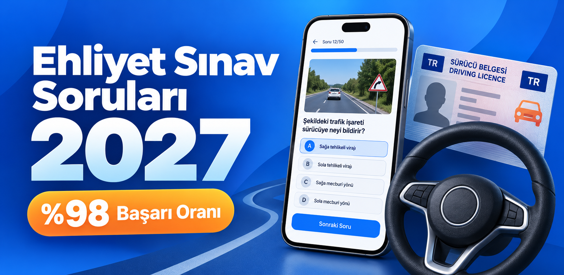 Ehliyet Sınav Soruları uygulamasından soru çözme ekranı, sürücü belgesi ve %98 başarı oranı